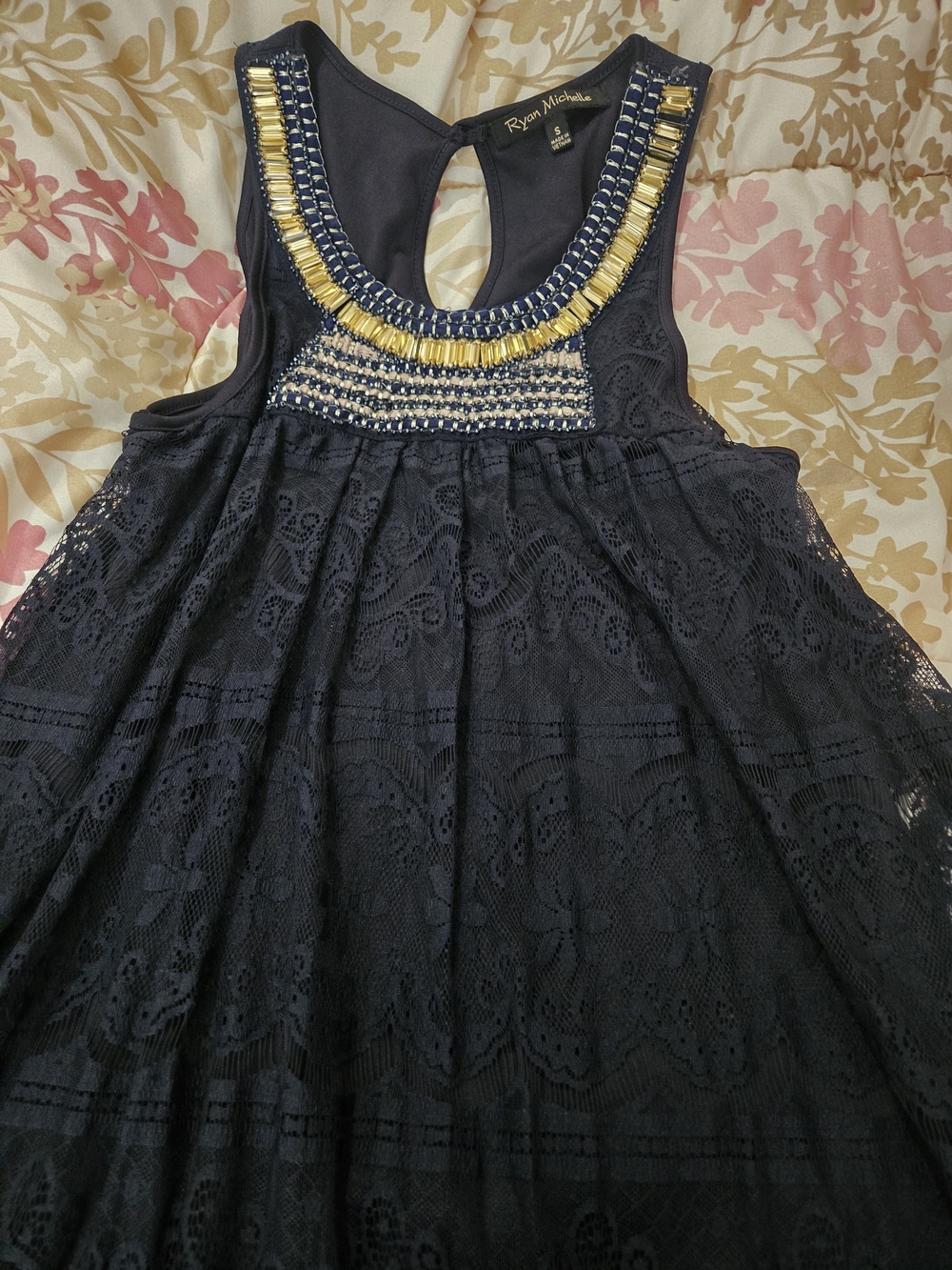 Navy Lace Mini Dress with Gold Bead Neckline